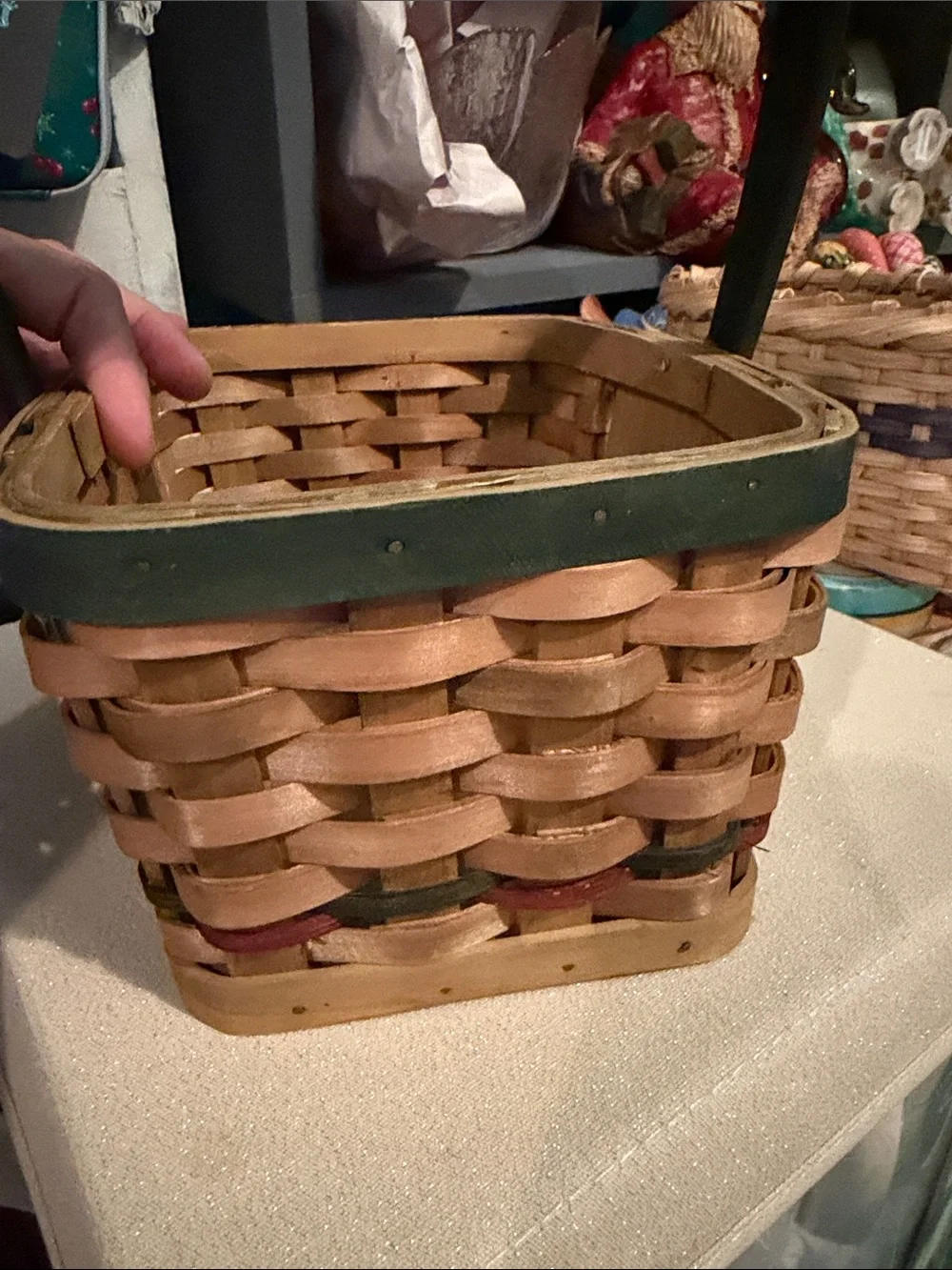 Holiday Memories Handwoven Snowman Accent Basket with Green Handle